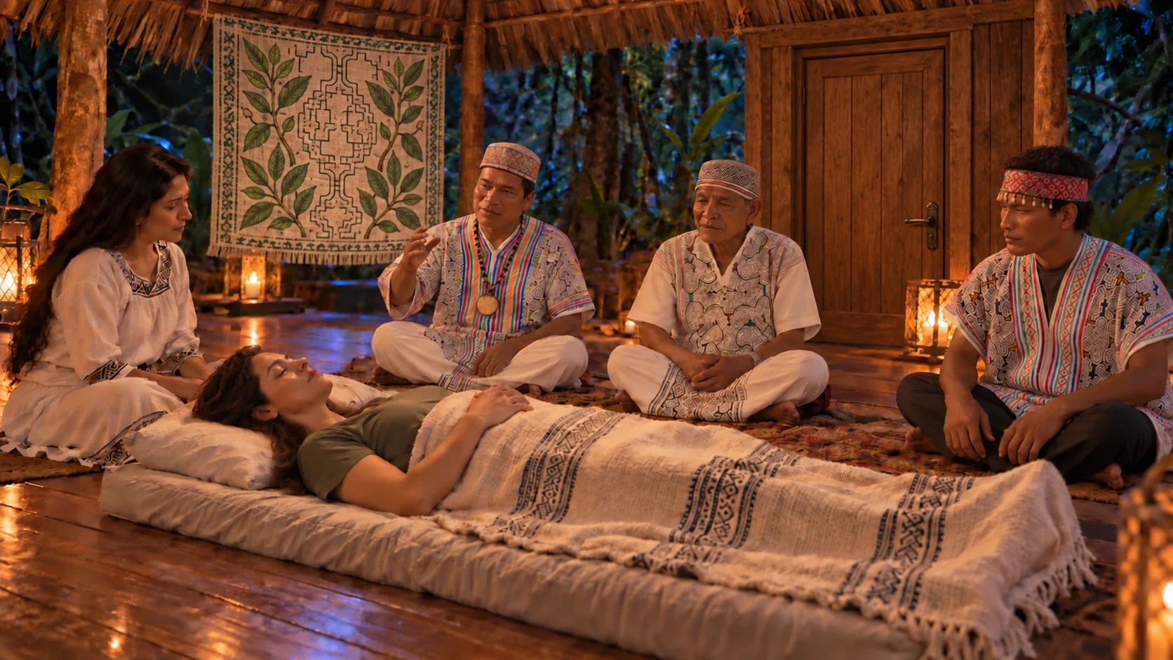 Artistic ceremony scene with one woven tapestry, a closed wooden room door, maestros, a reclining guest and companions