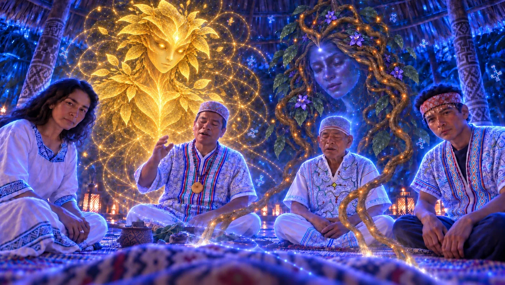 Artistic ceremony dream view with a golden Piñón Blanco spirit, an Ayahuasca spirit and blue-violet light