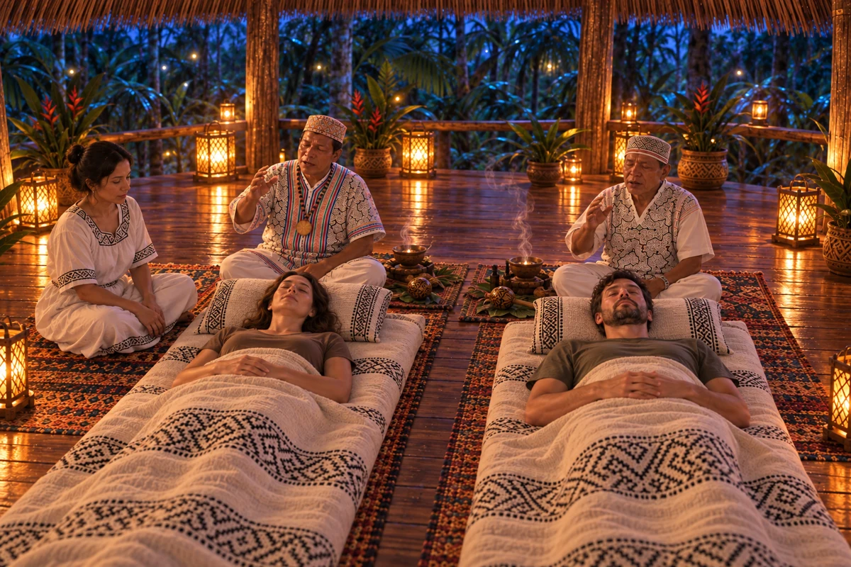 Artistic illustration of a Personal ceremony for two guests with a dedicated shaman for each guest