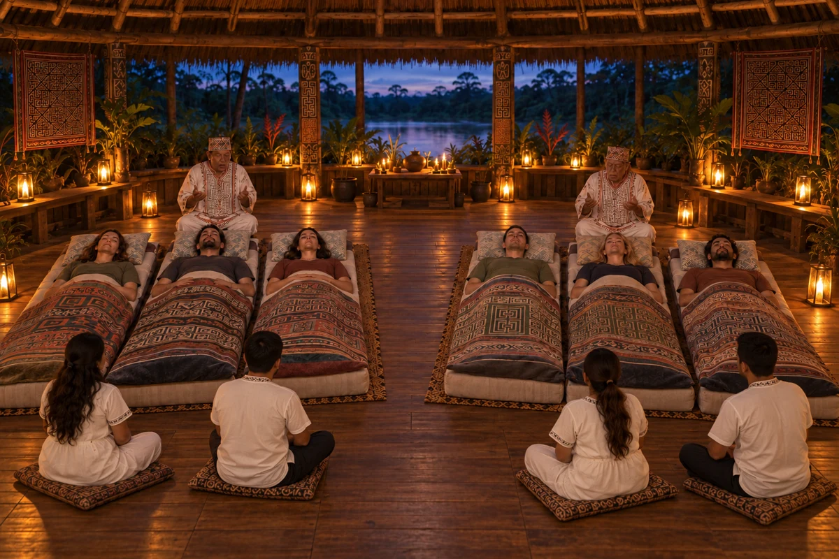 Artistic illustration of a six guests in two groups of three, each with one shaman and two staff
